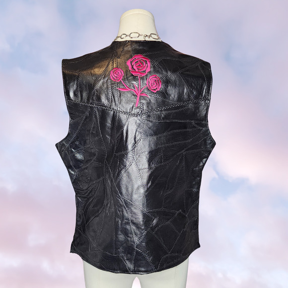 Black Diamond Plate Biker Leather Patchwork Motorcycle Western Red Rose Vest L - Picture 5 of 6